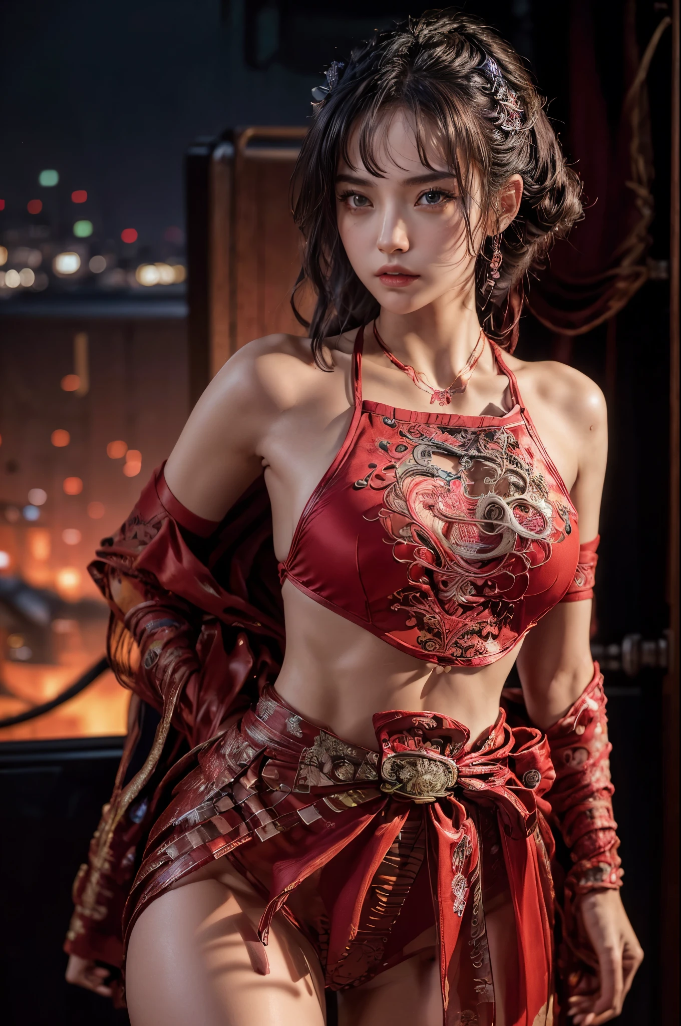 (masterpiece:1.2), (best quality), (ultra detailed), (8k, 4k, intricate), (half-shot:1.2), (highly detailed:1.2), (detailed face:1.2), (detailed background), (portrait), detailed landscape, girl, cyber ninja, fighting stance, tech implants, Laser, japan style city background, night, neon lights, raining