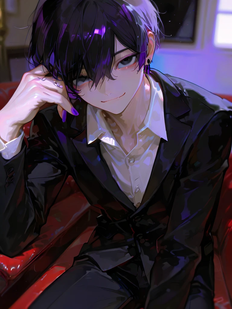 masterpiece, best quality, amazing quality, very aesthetic, absurdres, very beautiful, depth of field, dim light, aesthetic coloring, shiny, host club, detailed face, high-res, 748cmstyle, 1man, handsome, tall, skinny, dangerous, sharp, masculine frame, stylish, fancy, nail polish, looking at viewer, black eyes, purple nails, closed mouth, black ruffled hair, short disheveled hair, collared suit, until thighs, jewelry, earrings, multicolored hair, hand up, fingernails, smile, casting couch,  