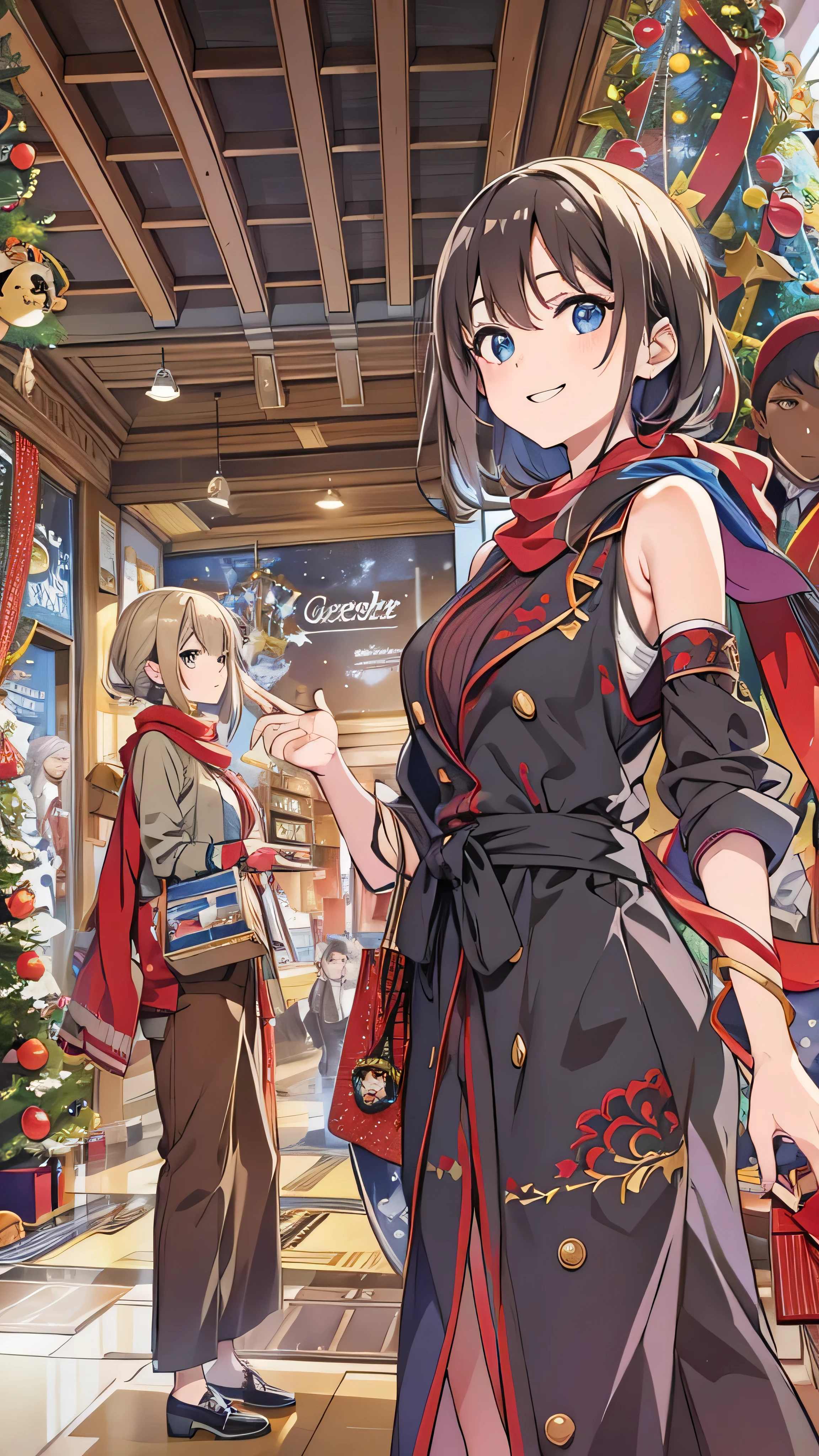 ( top quality), (Masterpiece),  that's it _sensho ,  comments,  scarves ,  shopping mall interior,  christmas decorations ,  Watch Viewers , smile,  upper body, 