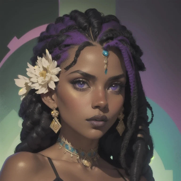 girl with purple dreadlocks and black skin tone ( masterpiece ,  Better quality: 1.2),  detailed face, (soft colors: 1.2, dark studio,  Edge lighting ,  bicolor lighting, dim light, low profile, )