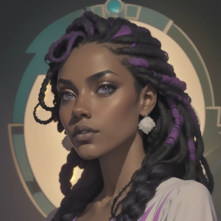 girl with purple dreadlocks and black skin tone ( masterpiece ,  Better quality: 1.2),  detailed face, (soft colors: 1.2, dark studio,  Edge lighting ,  bicolor lighting, dim light, low profile, )