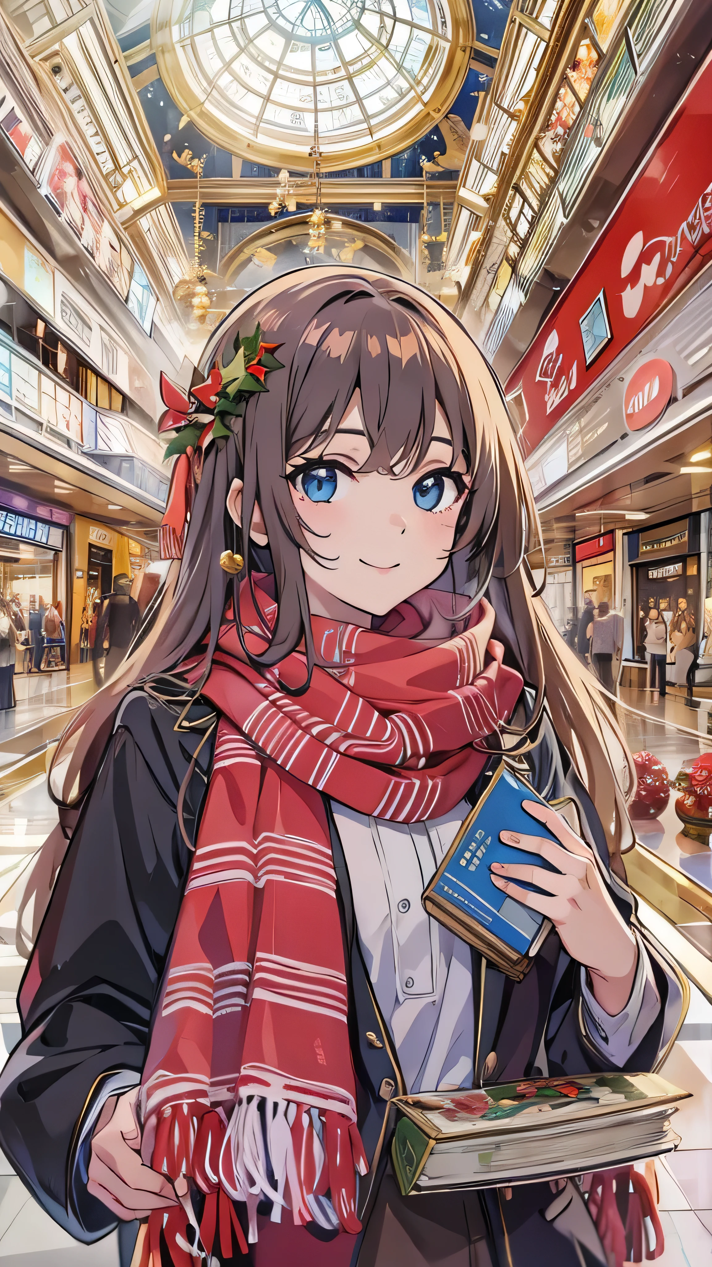 ( top quality), (Masterpiece),  that's it _sensho ,  comments,  scarves ,  shopping mall interior,  christmas decorations ,  Watch Viewers , smile,  upper body, 