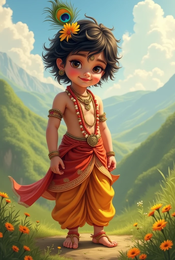 3D color image of a little shree krishna having indian flage. add text writen in background " Happy Independence Day " image should be in ultra HD.