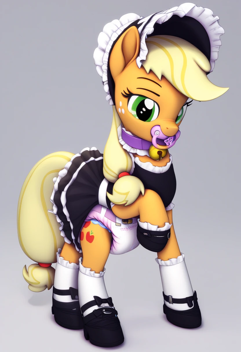  earth pony in private , adult mare, Applejack ,  on top of them, most of the mane is wrapped in a dark light bonnet with white trim on the edges , there is a small pigtail on the back with two bows ,  purple eyes , stands on four hooves ,  wide open back hooves , dressed in an ornate formal light green and yellow maid outfit with ruffles and ruffles and a short skirt,  on the neck there is a steel collar with a purple tint and a bell ,  white stockings and black booties over hoof socks ,  big white pacifier mouth gag with straps , thick diaper under clothes,  on top of the diaper, black plastic panties with a white steel belt , solo,  simple background. 