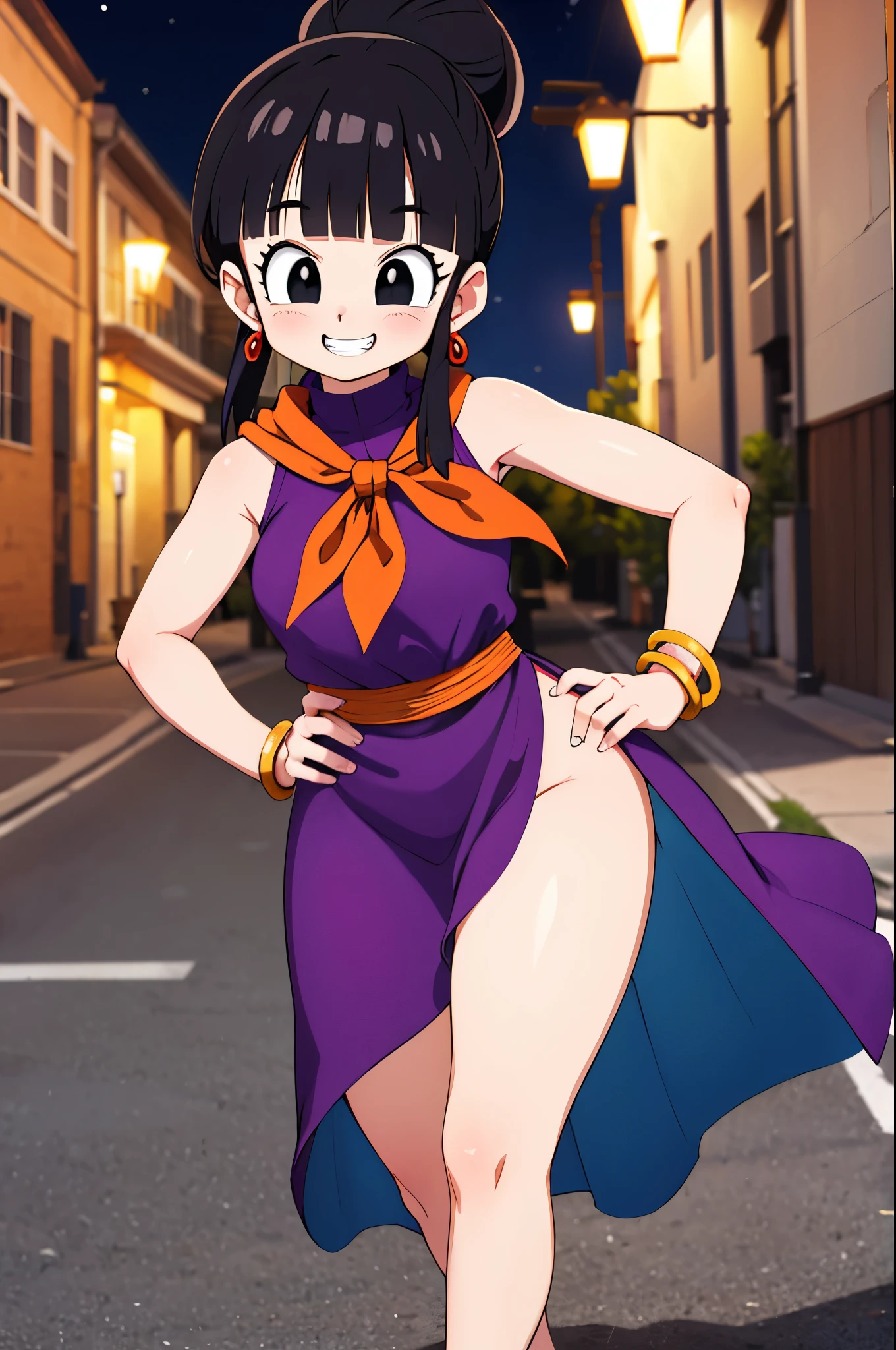 masterpiece, best quality, highres, dragon ball, single hair bun, hair bun, blunt bangs, sidelocks, black eyes, earrings, orange neckerchief, orange scarf, purple dress, sleeveless, bracelet, grin, hand on hip, smile, outdoors, street, thicc thigs, showing legs, sexy smile, night, naughty, wink, sexy pose