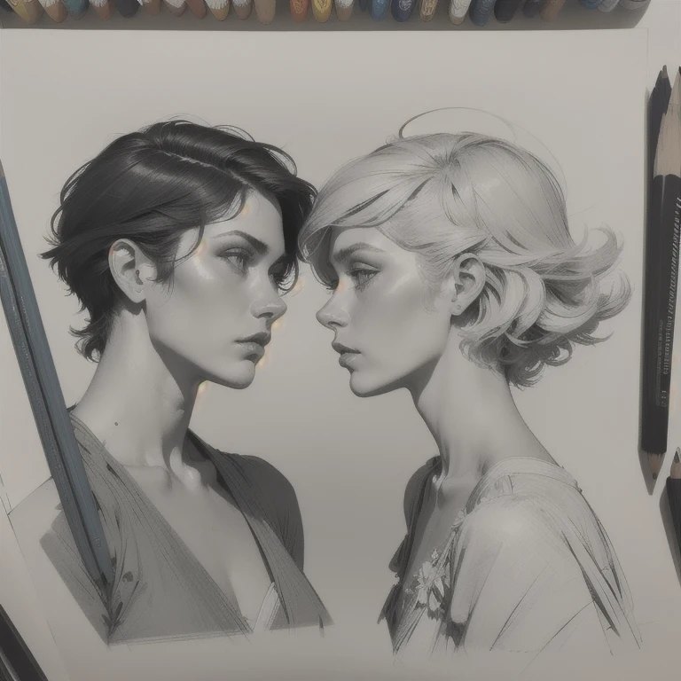  Better quality,  ultra-detailed pencil sketch ,  in grayscale, side-by-side profile ,  Tired expression , /lovely,  beautiful male  omnipotent entity,  bright blue eyes ,  short hair.