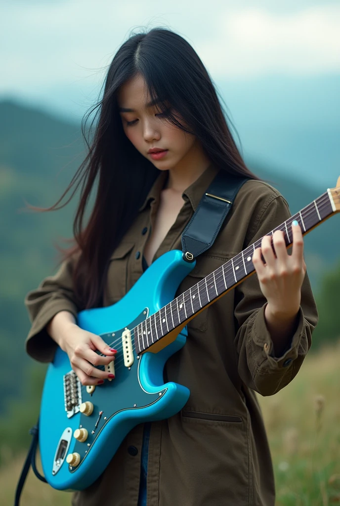 Create the highest resolution landscape video of a Thai girl with black hair, model like a model, wearing a blue sports shirt, playing guitar, electric, blue, rock music