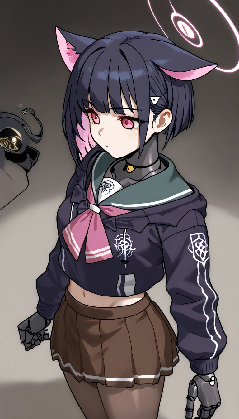 simplebackground，Landmine woman，black facemask，halfupdo,SideBraid,short detailed hair，Purple eyes,Black hair,Separate tongue,Tongue out,Pull the mask by hand，black over-the-knee socks，Fang,Pupil of the slit,wind coat,Skirt,Scarf, mitts, leg belt, arm belt, hair pin, cropped shoulders,Long gloves,Hair Bow,Pointy ears,