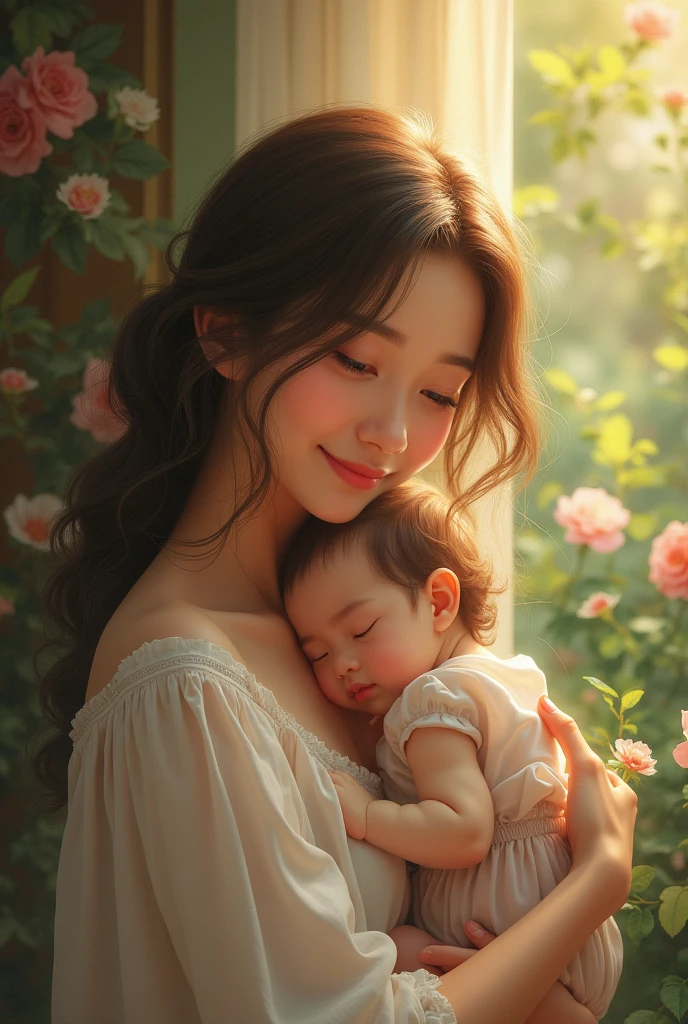 In this painting, we see an incredibly adorable and endearing image of a baby girl from Vietnam. The baby has shoulder-length black hair, creating a gentle and pure look. Her big round eyes sparkle with liveliness and mischievousness, reflecting the curiosity and innocence of childhood. Her lovely smile accentuates her cuteness and charm.

The baby girl is depicted with meticulous details, from the lines on her face to her tiny and dainty fingers. She is wearing a light and graceful dress, representing the delicacy and purity of childhood.

Next to the baby is a branch of cherry blossoms, symbolizing freshness and the blossoming of life. This scene reflects the love and appreciation of Vietnamese people for the beauty of nature and their traditional values.

This painting is an adorable and vivid piece of art, evoking a sense of wonder and warmth in the hearts of viewers, and showcasing the unique and lovely beauty of the baby girl from Vietnam.