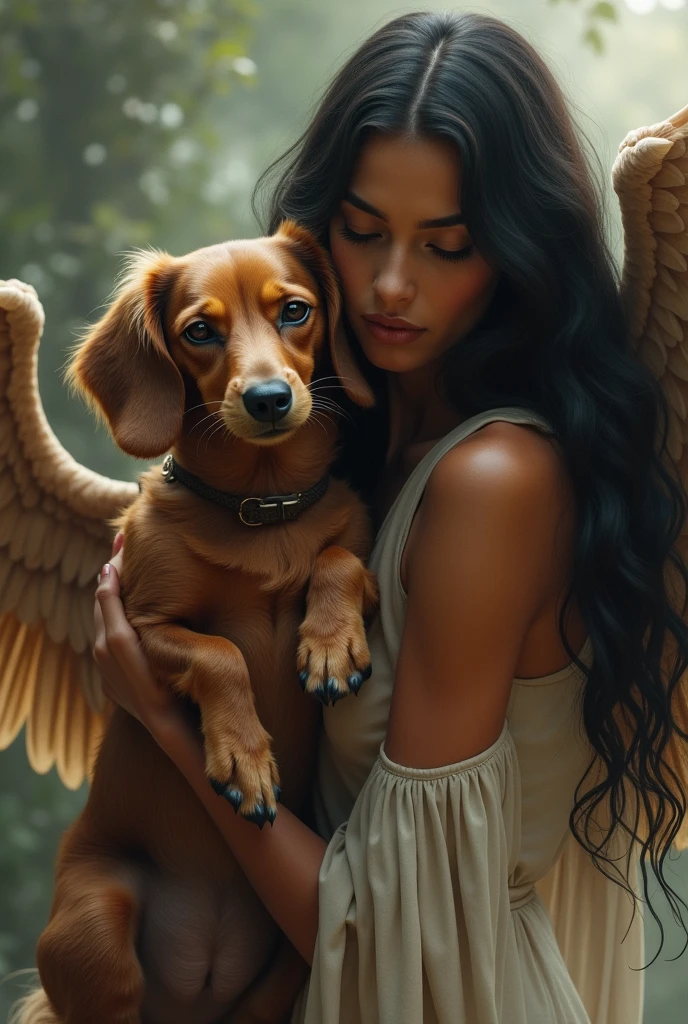 Create an image of an elderly brown daschound dog with wings and a woman with brown skin, smooth black hair with a strong arm holding the dog in an emotional state