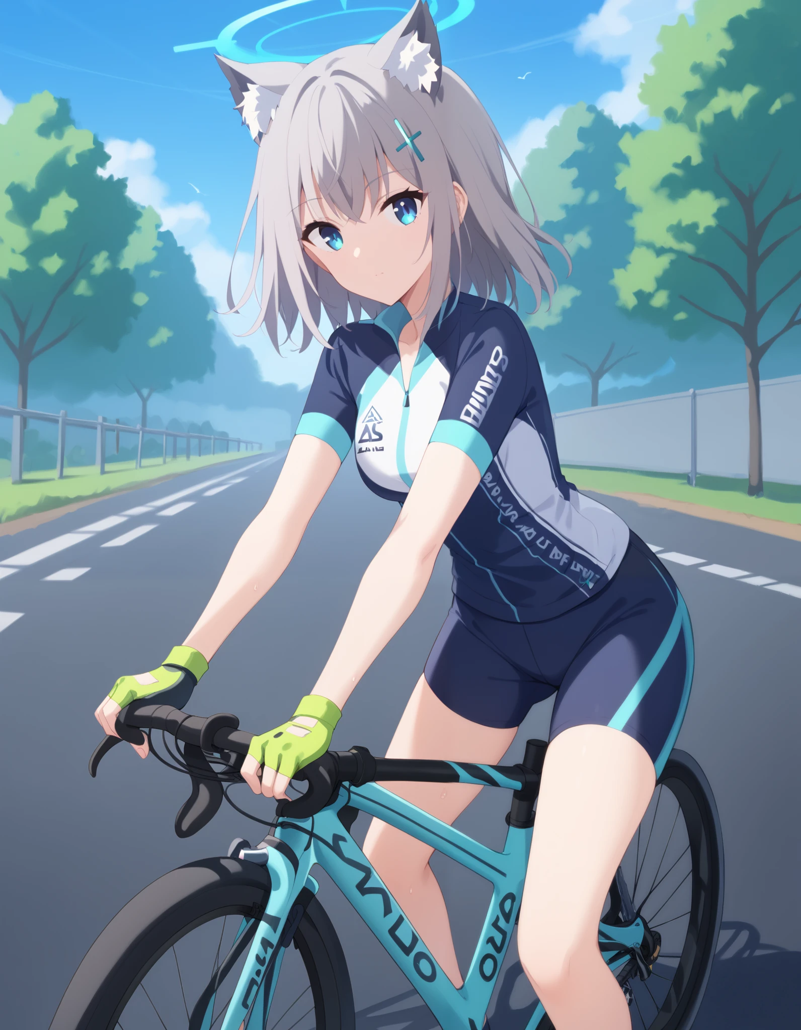 Masterpiece, hd , 2d, anime, shiroko sunaookami, animal ears, blue eyes, grey hair, hair ornament, hairpin, cross hairpin, halo, medium hair, wolf ears, cycling uniform, bicycle, bike jersey, bike shorts, biker clothes, fingerless gloves, gloves, road bicycle, cycling, short sleeves, outdoor, looking at viewer, solo, cowboy shot, standing