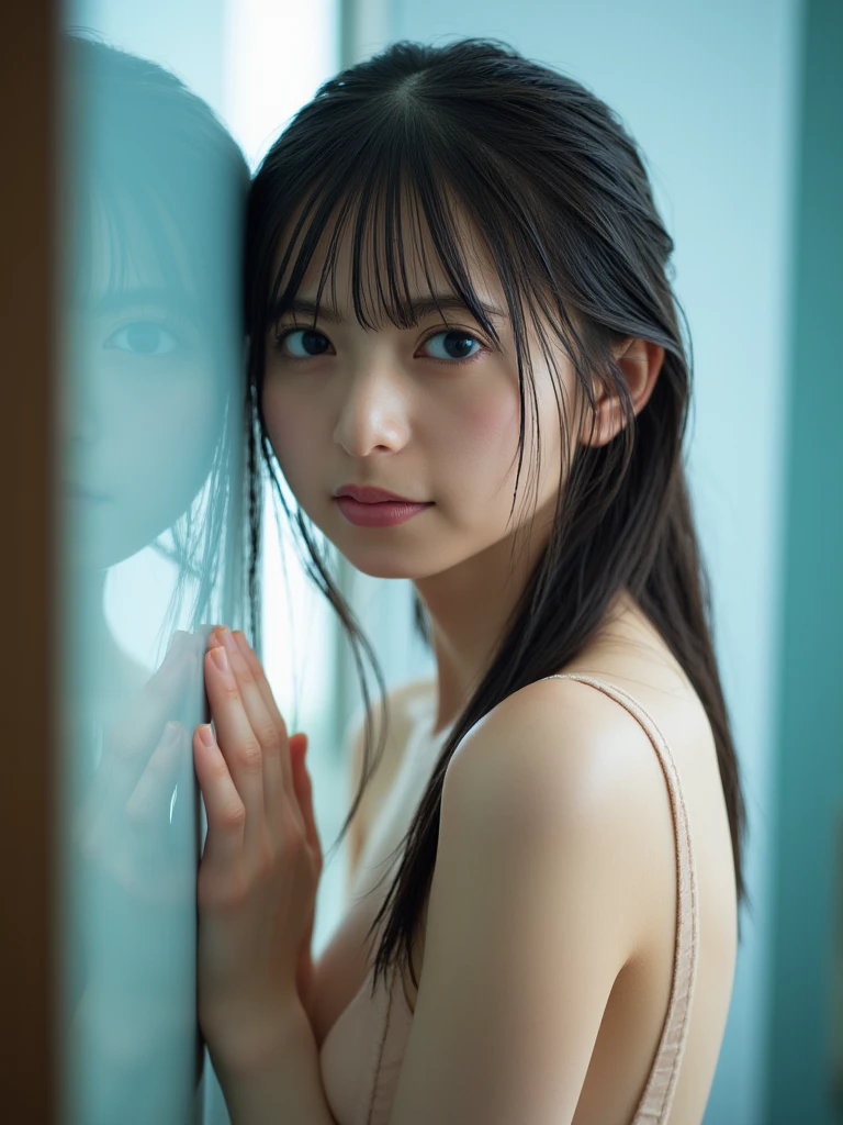 Detailed depiction of a young Asian woman , pale , Graceful personality , Expressive eyes 、、 full of innocence and mystery that enhances softness , adds purity and tenderness to her expression . Her aesthetics , I'm breathing 、 wet skin、 wet hair、 water drop 、 small :1.5、 emphasizes light . , Quiet, Introspective mood, BACKGROUND gently envelops her delicate face , cool color 、穏やかでQuiet雰囲気を醸し出しています , enhances softness, full of innocence and mystery 、 stands out for her delicate features and gentle gaze . looks straight at the camera after the atmosphere 、Completely :1.8、 flat 、 slender body 、, one girl 、(())、 black hair、 beautiful white skin 、bangs:1.5、((( big smile ))), apartment room、(full body:1.4)