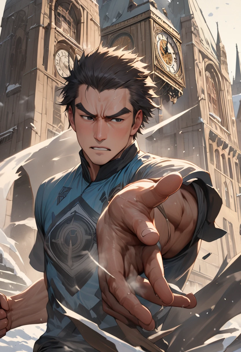 Energetic adult young man, Vigorous youth, Very Handsome Male Anime Character, Thick eyebrows, black Eyes, parted lips, frowning face, Focus on men, upper body, Various facial details, very detailed, dynamic poses, Eyes details, high resolution, correct anatomy, (solo), masterpiece, (16K), HD, high quality, protagonist aura, commanding presence, strong-willed, lifelike, blue adventure shirt, black dynamic short hairstyle,1boy, snow, Iconic clock tower, Gothic architecture, towering landmark, Victorian engineering, chiming bells, cultural heritage, determination