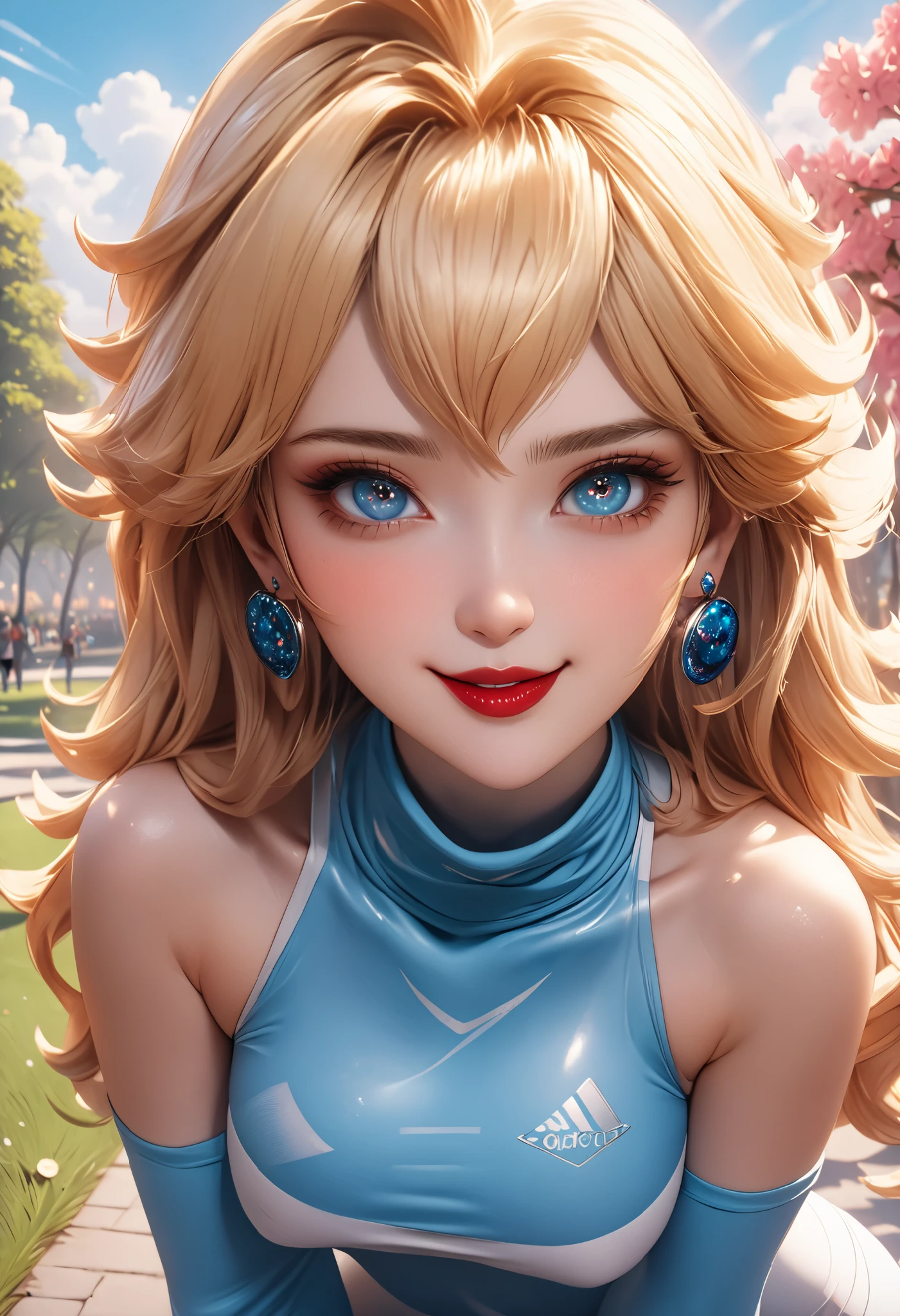 8k,masterpiece, CGSTATION, hyper CGI style, arte extremadamente detallado de artgerm, photorealistic chica anime render, A 4k anime drawing style, best quality, 3D rendering, INTRICATE, Cute Girl, hyper detailed, medium bust, 27 years old, a woman, navel, sensual smile, red lips, super detailed skin, super beautiful eyes, Princess Peach, is standing in front of the viewer, athletic leggings, blue eyes, running sweatshirt, wired headphones, cowl neckline, shoulderless, sleeveless, noise perfect, nice legs, pose, front, legs crossed, hair blonde, long hair, park, V neckline, She is wearing earrings that are round and large, the earrings are a bright sky blue color, the earrings are smooth and shiny,