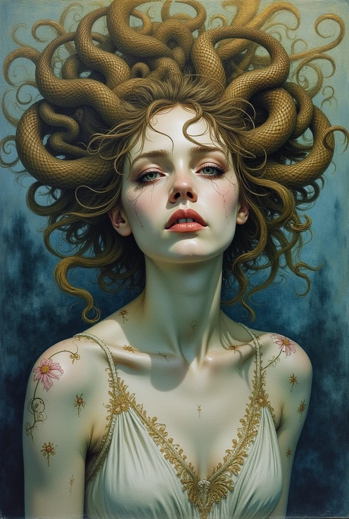 painting of (A close-up portrait of one beautiful and obscene 40 year old woman alien:1.4), (realistic face:1.2), octopus tentacles, (Numerous award-winning masterpieces, with incredible detail, textures and maximum detail), artistic photography, midnight aura, unreal engine 5, Ultra Sharp Focus, art by Amano Yoshitaka, ArtGerm, Roisch, intricate artwork, ultra realistic realism, high resolution, High freshness, drawing faithfully, official art, Unity 8K Wall paper, ultra detailed artistic photography, dream-like, Creation of fantasy, dream Snail, (biopunk nautilus:1.3),Thrilling color schemes, seductively smiling, Amazing mutation, well-proportioned body, goddess of the deep sea, fractal, Geometric pattern, impossible figures, (translucent white tentacles with luminescent:1.4), subtle emerald green accents, (smiling seductively:1.3),(She has the most beautiful face in the history of the universe:1.5), (she is looking down at viewers with glowing iridescent eyes with no pupils:1.3), an evil gaze, cinematic lighting, (Vampire-like long canine teeth can be glimpsed through the gap between the cute lips:1.3), in the hall of the palace, Sweet breath is exhaling from beautiful lips, ecstatic expression, dark atmosphere, cinematic scene, volumetric lights, ultra realistic, in the style of nicola samori