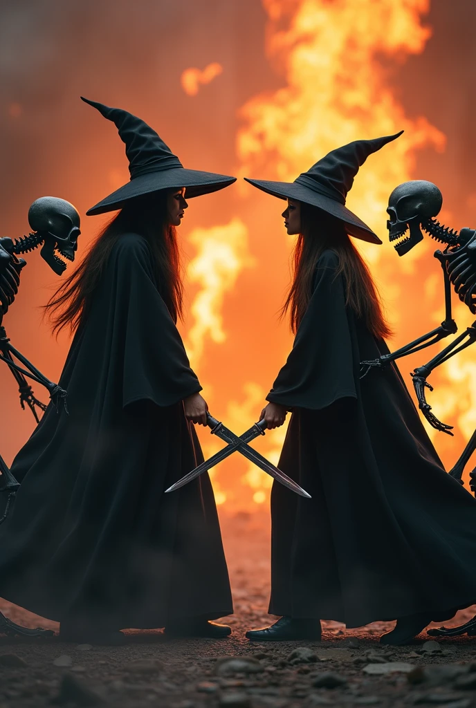 (photorealism:1.2), ((( young beutiful wizards, wear eeriec black robe and hat, inside old rose pinks turttleneck))), Rival stabs the (((skeleton monsters))) with (((two glemering old rose pinks knives))) ,with a place on fire