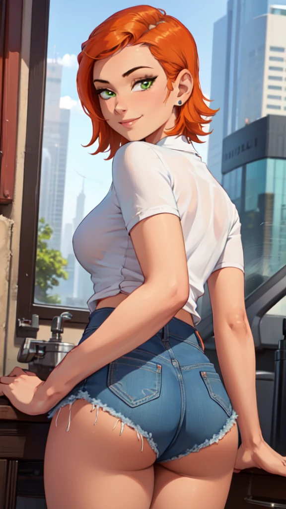 1 girl,(solo), (masterpiece:1.2), (high quality:1.0),looking at viewer, (ultra detailed),smile,short orange hair, green eyes, Gwen Tennyson,  white blouse, wearing blue Jean skirt,  curvy, from behind,