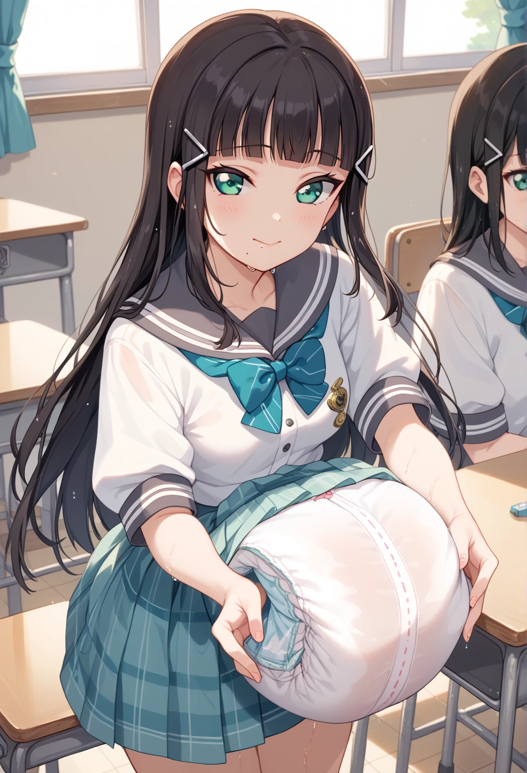 wet diapers 　Kurosawa Diamond,   long hair, bangs,   black hair,   hair accessories,   green eyes,  side lock,   hair clip, blunt bangs, mole, mole under mouth,　   Skirt Flip  　 Many people々 is gathering  　 shy 　classroom