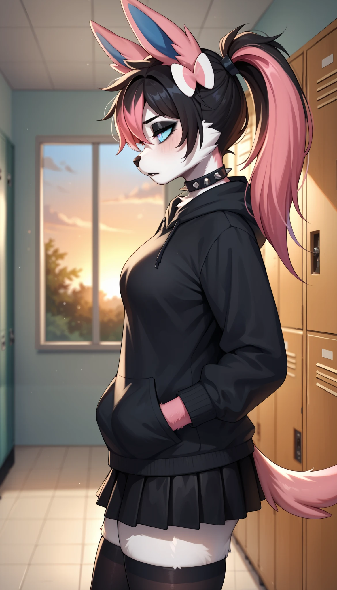 score_9, score_8_up, score_7_up, source_anime, source_furry, (beautiful, detailed background, digital artwork, digital art, well shaded artwork, depth, detailed artwork)1.2, 1girl, female, furry, anthro, Sylveon, school setting, school hallway, locker, medium breasts, natural breasts, thighs, black hair, (pink highlights), long hair, messy hair, white eyes, cyan sclera, black oversize hoodie, (black stockings with white stripes), black spiked wristband, black spiked choker, black skirt, emo girl, tired eyes, depressed, black eyeshadow, black lips, side view, ponytail, sunset, looking at the window, hands in both pockets