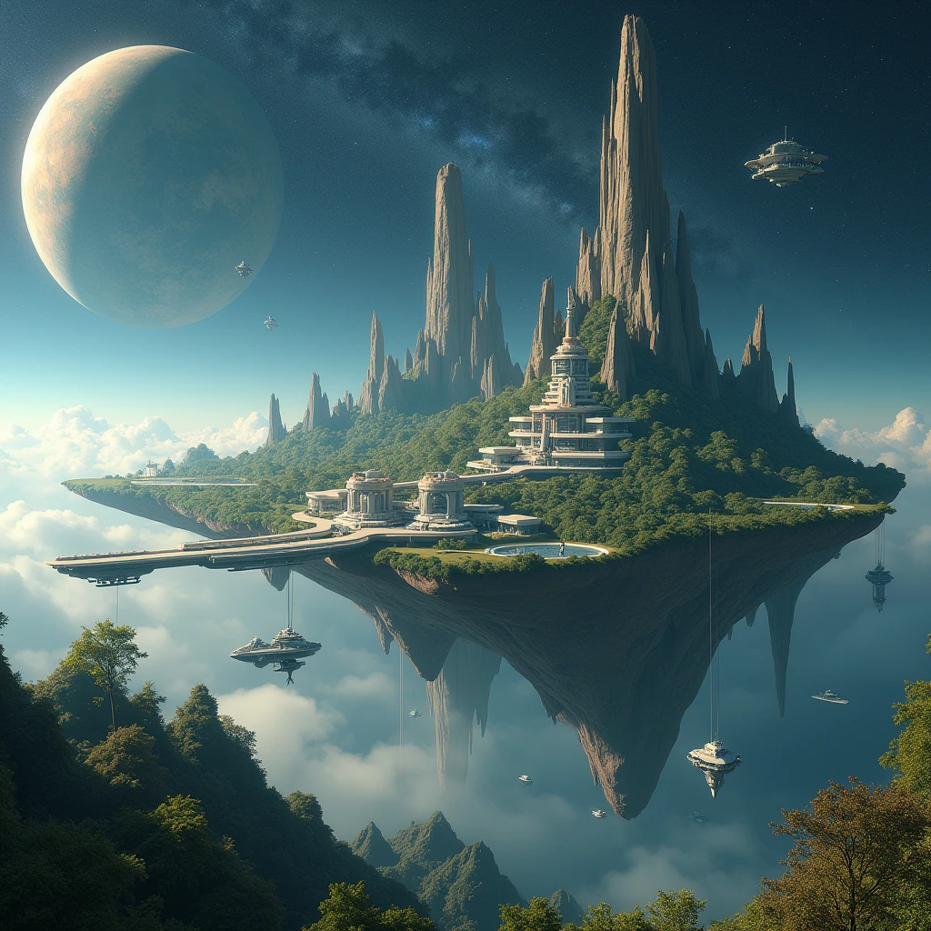 (((Stuck and isolated in outer space))), (((An island in space))), Buildings, forest, river, lake, A picture of the flat earth theory, Space Colony, absurd, wonder, Science fiction, Fantasy, absurd, Continents in space, Buildings, forest, river, lake, The Universe, stars twinkle , A spaceship flying around, Science fiction, Overall view, super detail, high details, UHD