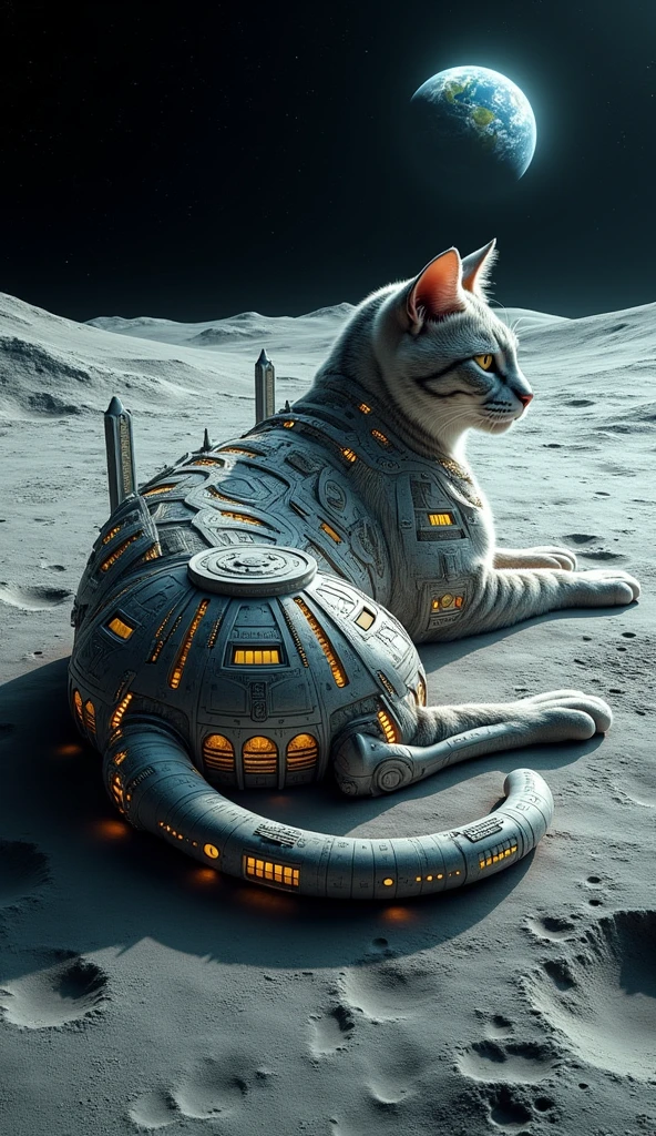 space colony, intricate detail of a space city on the moon, shape like laying down cat