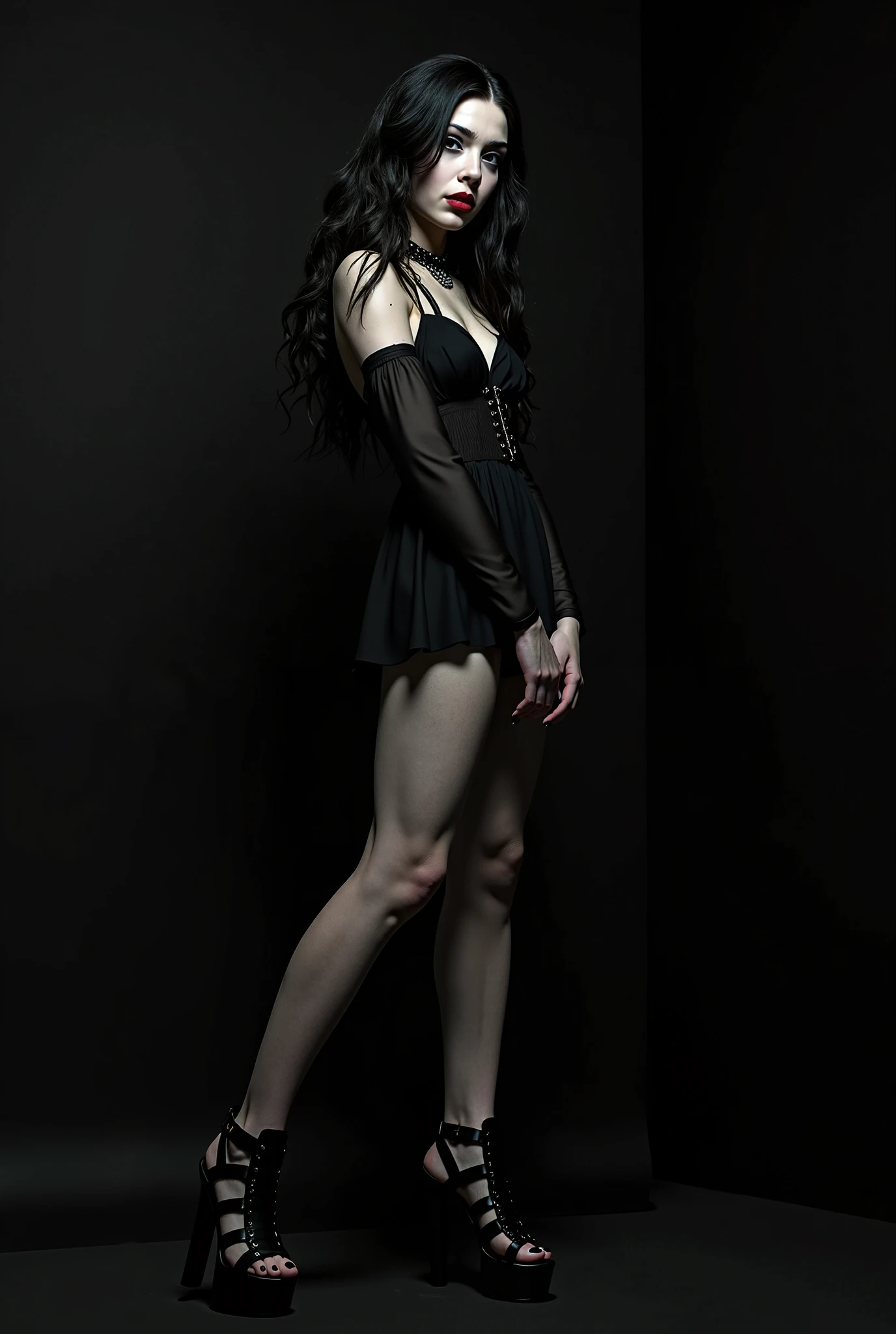 hyper realistic photography of a beautiful Cute European Girl wearing black dress and black pantyhose and pink high-heeled shoes, posing, flirting with camera, long black hair, volumetric lightning, good contrast 