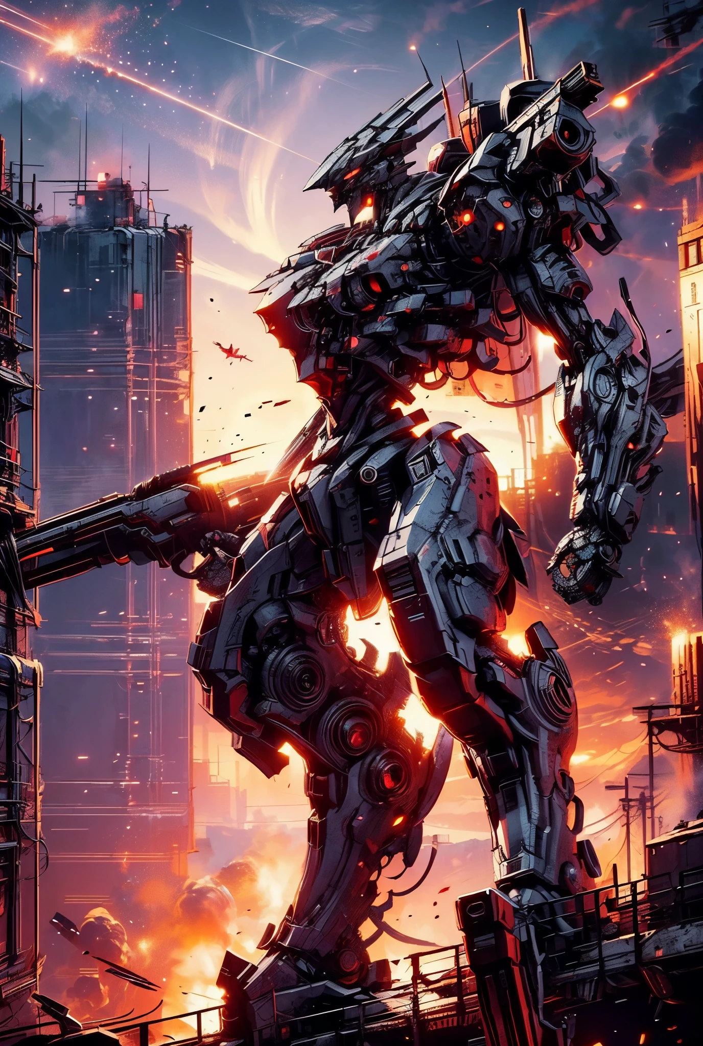 (Mech vermelho-sangue: 3, zoomed out missliles everywhere, strife mid air with boosters, in the city, intricate, 8K, HDR, natural light, cinematic lighting,