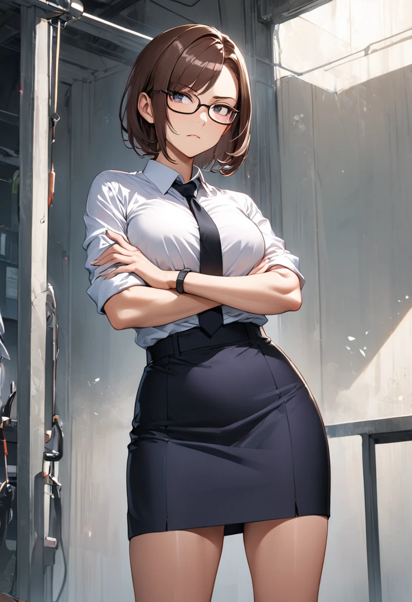  Ogata Saeko, Alien Life Countermeasures Section Chief ,  out baunnsu hair's semi-short brown hair、 middle-aged woman with semi-short brown hair rolled up and hanging from one eye , One person,  wearing square rimmed glasses , Wear a business shirt and black tie  ,   dark blue tight skirt,  slender style ,  serious expression ,  arms crossed , Intelligent and mature cool vibe  , Alone