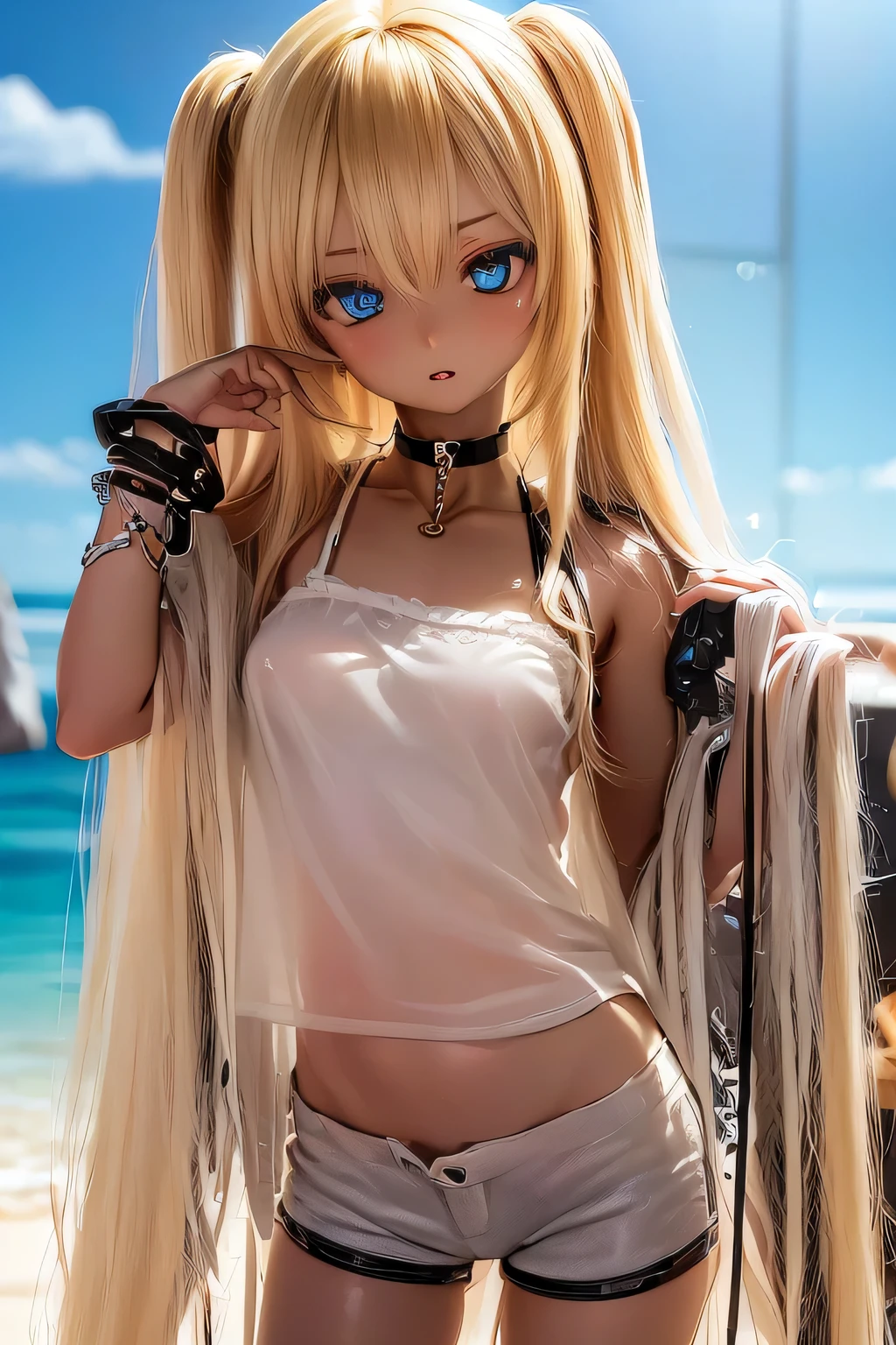 NSFW, photorealistic, realistic photo, 8k, Canon EOS, ((highest quality)), ((masterpiece)), (extremely detailed), kukolnydom, doll, shiny skin, (dark skin:2), (stylish pose, beach, hair ornament, choker, white camisole, bracelet, shorts, mature woman, 21yo, 21_years_old, solo:1.6), (medium breasts, parted lips, blonde hair, long hair, two side up, looking away, blank stare, blue eyes, glass eyes, shining eyes, detailed face:1.3)