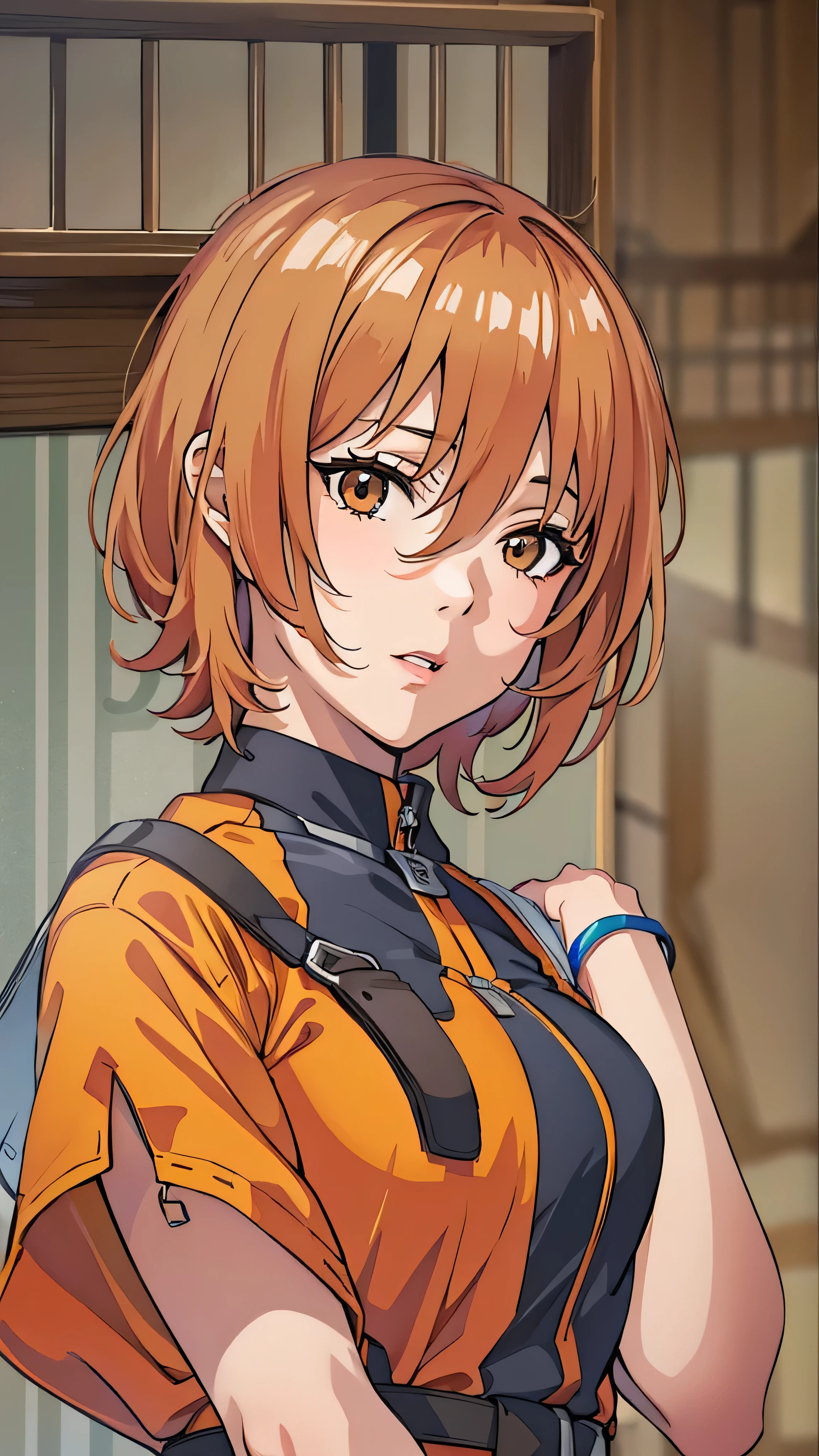 (Masterpiece), ( top quality), ( ultra detail ), ( Best Illustrations), ( best shadow), (absurdres),  Baragusakinoba ,  shorthair ,   orange hair, (( brown eyes)),  Kugisakinobara , ( good),  One Girl , Alone, bangs,  Watch Viewers ,  upper body,