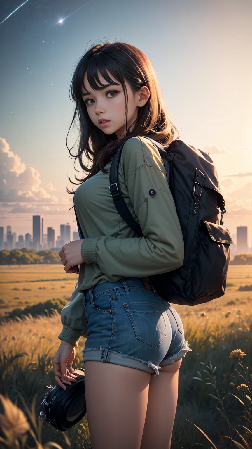 Illustrations animated,The vast sky, beautiful skyline, large grasslands, extremely tense and dramatic pictures, moving visual effects, the high-hanging Polaris, and colorful natural light. A long-sleeved top, denim shorts, and a girl with a backpack.