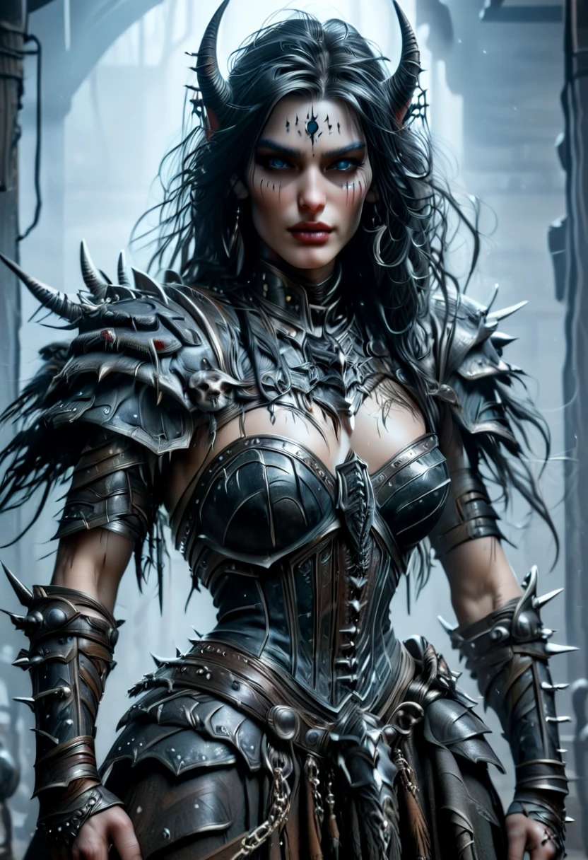 Create an image of the most stunningly gorgeous beautiful kijin, Stunningly gorgeous perfect face,  perfect makeup, detailed perfect silky smooth skin texture, detailed hour glass body figure, very long styled hair,  (black kijin armor spiked), ((underboob))), long sexy horns, 