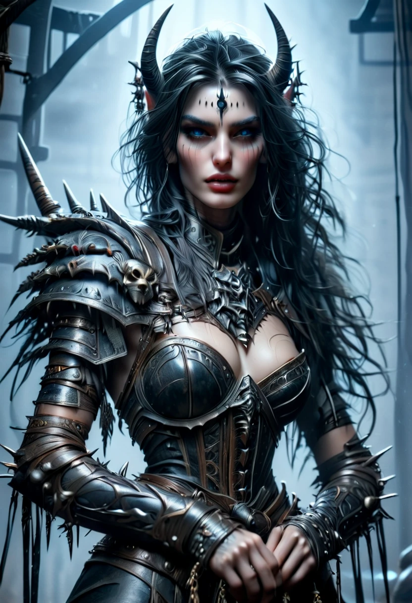 Create an image of the most stunningly gorgeous beautiful kijin, Stunningly gorgeous perfect face,  perfect makeup, detailed perfect silky smooth skin texture, detailed hour glass body figure, very long styled hair,  (black kijin armor spiked), ((underboob))), long sexy horns, 