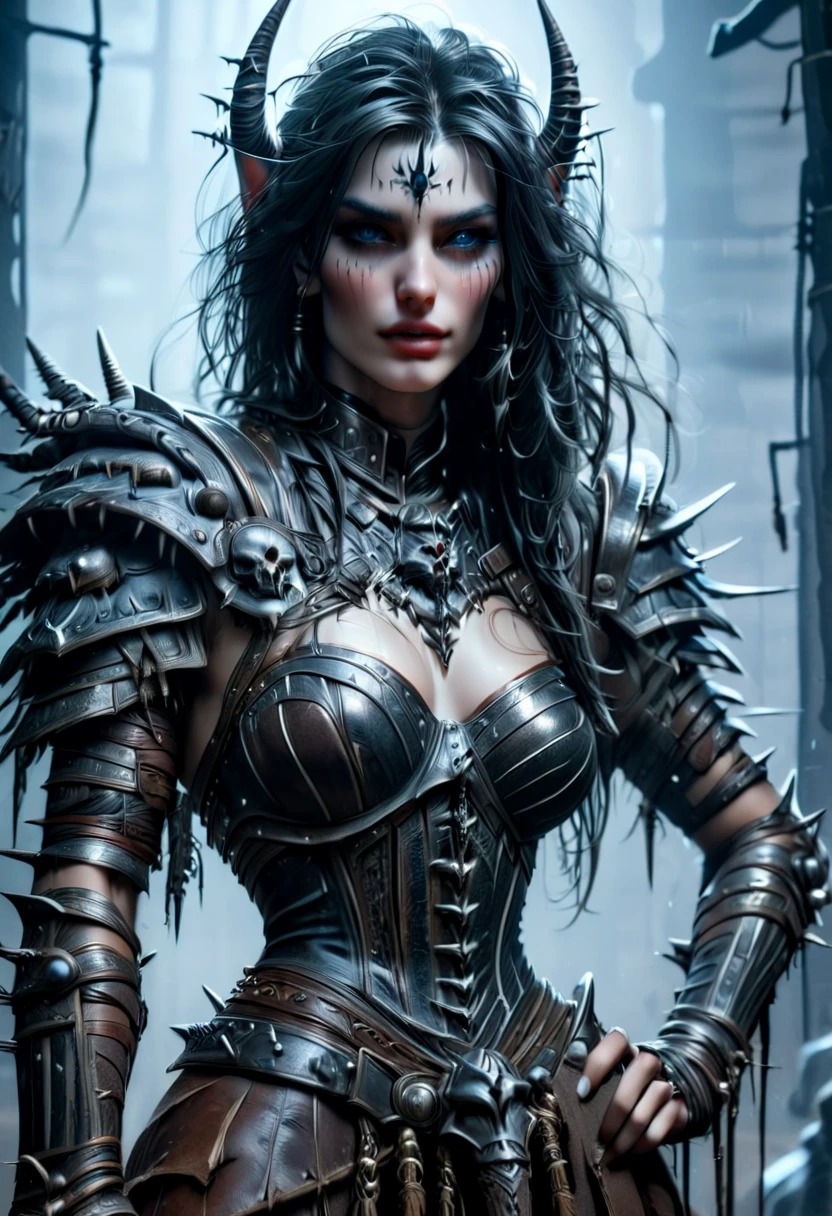 Create an image of the most stunningly gorgeous beautiful kijin, Stunningly gorgeous perfect face,  perfect makeup, detailed perfect silky smooth skin texture, detailed hour glass body figure, very long styled hair,  (black kijin armor spiked), ((underboob))), long sexy horns, 