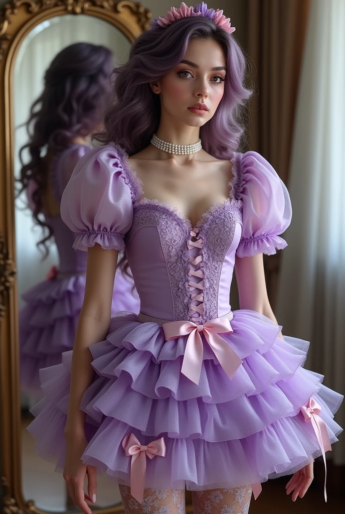 (REAL, Realist, Alive), Beautiful (European) bimbo female, standing in front of mirror ,
((A short purple dress with layers of lace and chiffon ruffles and each layer trimmed with satin bows in soft pink and a high lace collar and the sleeves are puffed and overflowing with ruffles and lace that end in delicate bows at the wrist and a stiff crinoline petticoat gives the skirt an overly voluminous poofy appearance)), (sheer lace stockings with intricate floral patterns) , pearl-encrusted choker, (hair! purple ringlets),
, ashamed, bright blush, smoky eyes, and glossy lips, , , beautiful detailed eyes, masterpiece, best quality,
