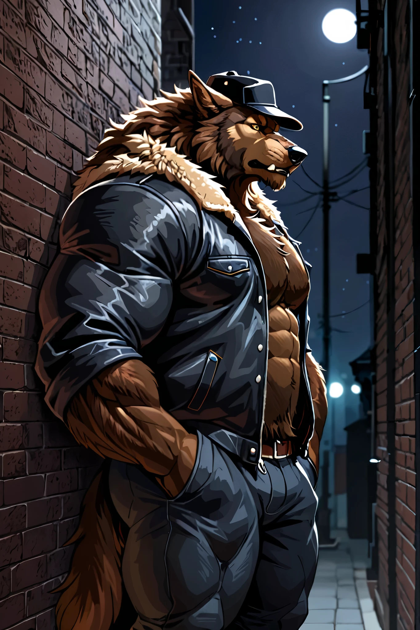 (Masterpiece, best quality:1.2), Animal-personified bear as a gangster, with a bear face and human body. He has a muscular build and tattoos on his body. with tall buildings behind him and neon lights flashing. muscular-build, city-scape, tall-buildings, neon-lights<lyco:GoodHands-beta2:1.0>