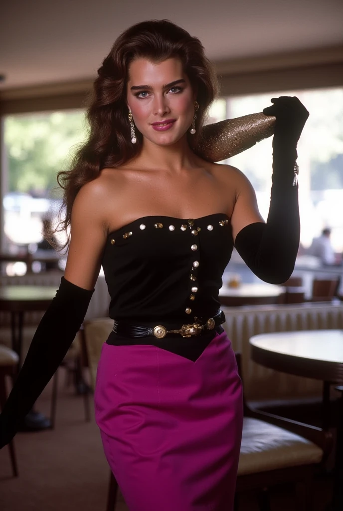 he woman has long, wavy brown hair that cascades past her shoulders. She has a confident and poised expression, looking directly at the camera with a slightly parted mouth and closed eyes. She is wearing a strapless black unbuttoned  top adorned with a row of small, round, white unbuttoned  that run horizontally across the chest area, adding a touch of elegance. Her low cut  top showing bare breasts is paired with a vibrant, magenta skirt that reaches just below her knees, creating a striking contrast in color. She also is topless, bare  breasts,  .wears long, black, velvet gloves that extend to her elbows, adding a touch of vintage glamour to her outfit.  The woman's makeup is subtle, with a focus on her eyes, which are accentuated with eyeliner and mascara, and her lips are painted a soft pink. The overall style of the photograph is reminiscent of fashion photography from the 1980s or early 1990s, with a focus on classic and stylish attire. Standing in a cafe, looking at the viewer smiling. Holding a guys long huge  cock  in her hand,  