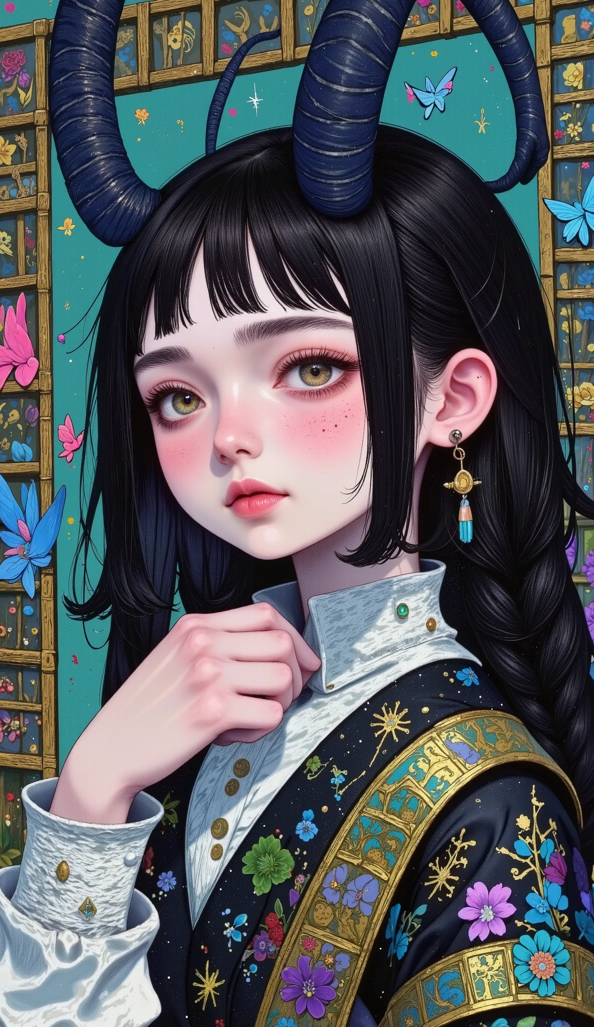 , a woman in a kimono is standing with a white stole,     portrait of Sadako de El Aro    ,     handsome Japanese demon boy    , white hime cut hairstyle    ,     the penetrating gaze of a Yuki-Onna    , Black Hime Haircut,    with long white hair   , Japanese Gothic, The haircut of hime   , Sui Ishida with black hair, loose hair and long robes   , Japanese goddess