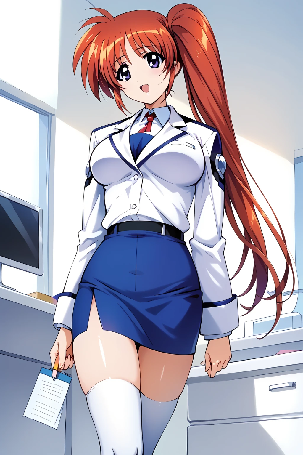 score_9, score_8_ up, score_7_ up, masterpiece,  top quality,  very aesthetic,  absurd,  One Girl , Alone, Shiny Skin、 Takamachi Nanoha ,  long hair,  side ponytail, Red Hair, Small Head,  purple eyes,  Big Breasts, uniform,  white jacket,  Long Sleeve ,  blue pencil skirt,  white thigh high socks,  embarrassing、  office