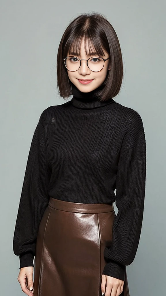 1japanese actress, turtleneck sweater, long sleeve, (Skirt with suspenders), (light brown light curls bob cut), huge breasts, full body shot, (black rimmed glasses:1.1), in a pub, Shy smile, BREAK, realism, natural lighting, soft light, cute, young, , facial lighting, young actress, beautiful actress, ((chiseled face)), smooth skin, black eyes, glowing eyes masterpiece, best quality, 8K, detailed, detailed eyes, detailed face and skin, hi-res, perfect anatomy, physically-based rendering, photorealistic, symmetric clear eyes, well-groomed face