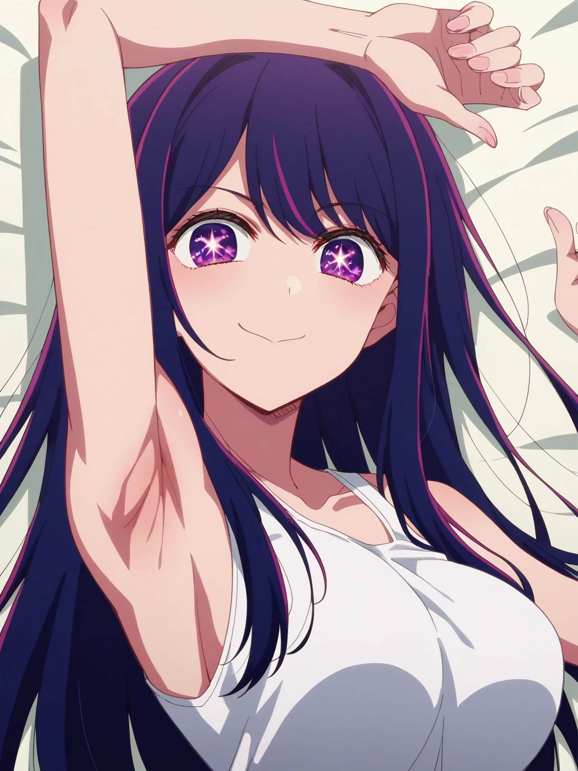 score_9, score_8_up, score_7_up, source_anime, anime screencap, 1girl, solo, hoshino ai, purple hair, purple eyes, star pupils eyes, large breasts, long hair, arm up, raised arm, armpit, looking at viewer, head towards viewer, smile, badhandv4, closed mouth, sleeveless, from side, lying in bed 