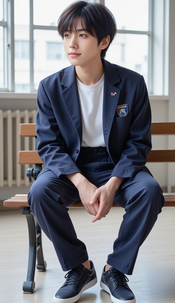 handsome mix korean japanese *****************, boy, short black hair, black detailed eyes, gentle smile, sharp eyebrows, round face, cool, detailed face, small nose, in school uniform, facing left, , (((full body,cowboy shot))),sitting on bench,wearing navy sporty shoes