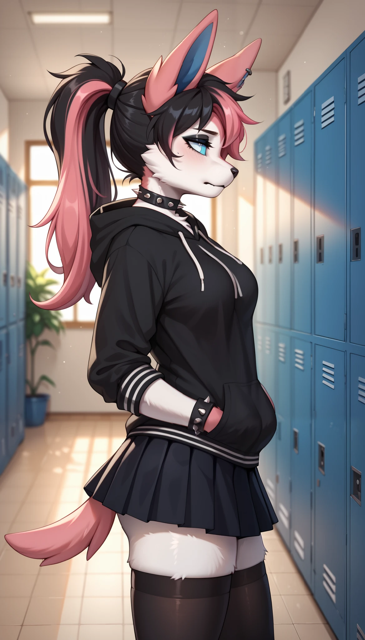 score_9, score_8_up, score_7_up, source_anime, source_furry, (beautiful, detailed background, digital artwork, digital art, well shaded artwork, depth, detailed artwork)1.2, 1girl, female, furry, anthro, Sylveon, school setting, school hallway, locker, medium breasts, natural breasts, thighs, black hair, (pink highlights), long hair, messy hair, white eyes, cyan sclera, black oversize hoodie, (black stockings with white stripes), black spiked wristband, black spiked choker, black skirt, emo girl, tired eyes, depressed, black eyeshadow, black lips, ponytail, sunset, hands in both pockets, side view
