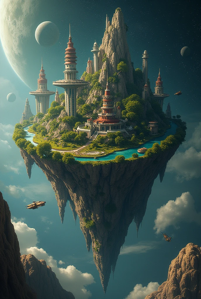 (((Stuck and isolated in outer space))), (((An island in space))), Buildings, forest, river, lake, A picture of the flat earth theory, Space Colony, absurd, wonder, Science fiction, Fantasy, absurd, Continents in space, Buildings, forest, river, lake, The Universe, stars twinkle , A spaceship flying around, Science fiction, Overall view, super detail, high details, UHD