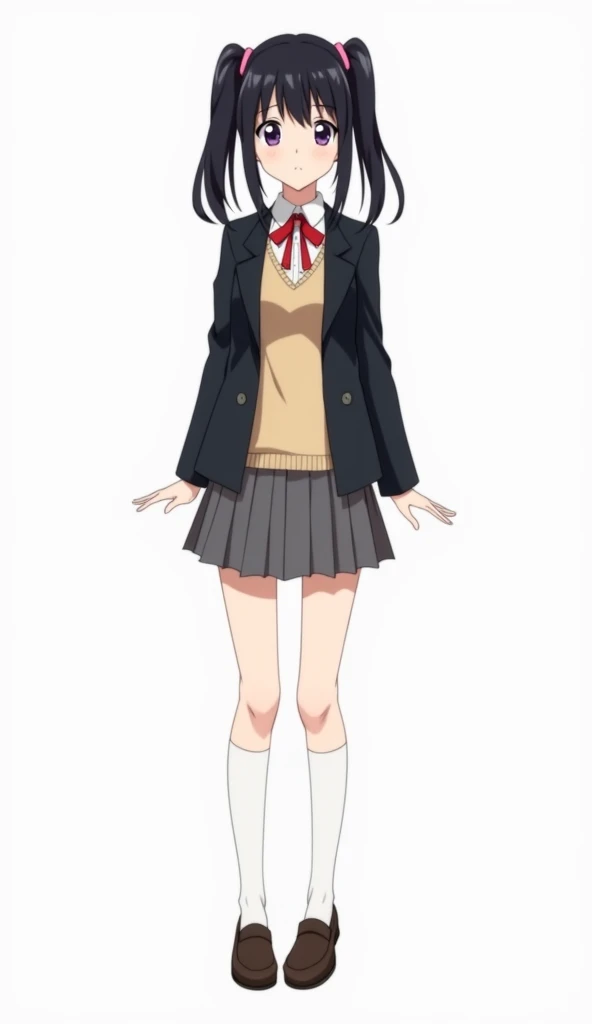 Animated teenage girl with medium long straight black hair and two high ponytails and while the rest of her hair the back is loose and with purple eyes and wears a black blazer, a sleeveless beige sweater , a white shirt, a red ribbon , a grey skirt, knee-length white socks and dark brown shoes and white background and full body