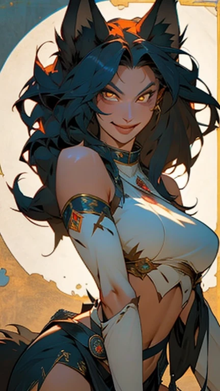 (by alfons mucha) ((1 girl)), extremely long hair, solo, ((muscular)), veins, black hair, yellow eyes, pale skin, strong, veins, abs, (huge breasts), frowning