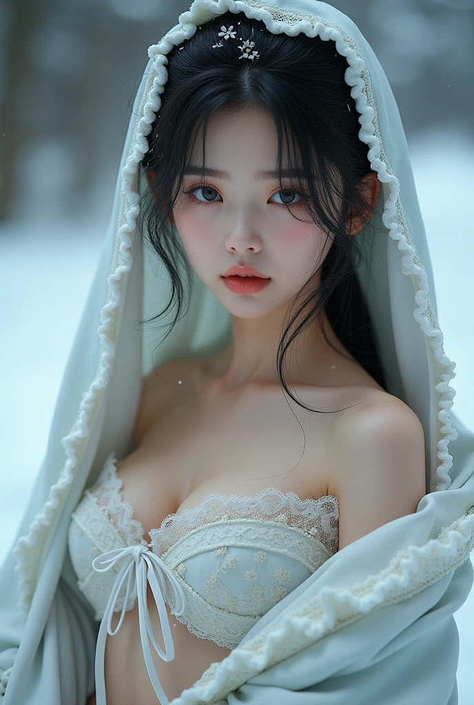 Beautiful girl, blue eyes, white hair, detailed facial traits, national turkic female dress, naked breasts, yurta behind, it's snowing