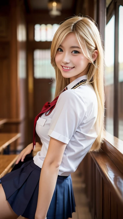 high school uniform 、 big breasts at the temple 、E Cup、 blondes、Blonde hair、Bomb Hair、 back arched、 background school 、 slouched forward、smile、 has his hands in his pocket
