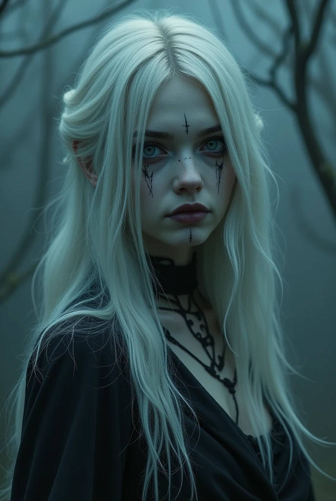 Queen's dark face fails, long white hair, bonitas, Masterpiece artwork. An ultra-realistic and highly detailed image ar-16:9 The scene was filmed on a Sony A7R IV camera with a 24-70mm f lens./2.8GM, which provides incredible clarity and richness of detail.