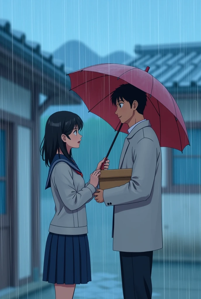 A 17 y.o girl in school uniform bringing yellow umberlla in rain in front of Korean house, the sky is blue. She covers a man using white jacket bringing a brown box under her umbrella.
The girl smiles softly to the man. He is taller than her, and look surprised and shy